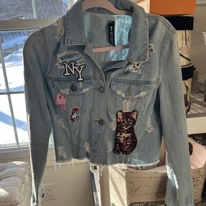 Design Lab Lord & Taylor Light Blue Jean Jacket with Patches
